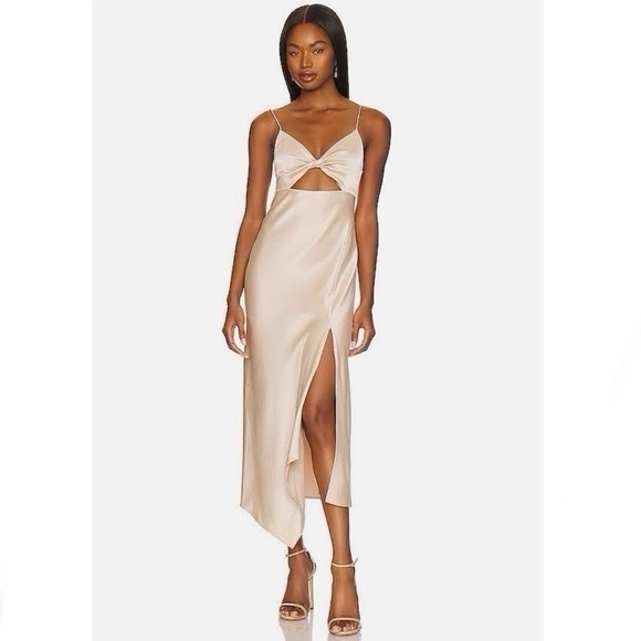 Alice + Olivia Harmony Asymmetrical Midi Dress in Sand - Picture 1 of 10